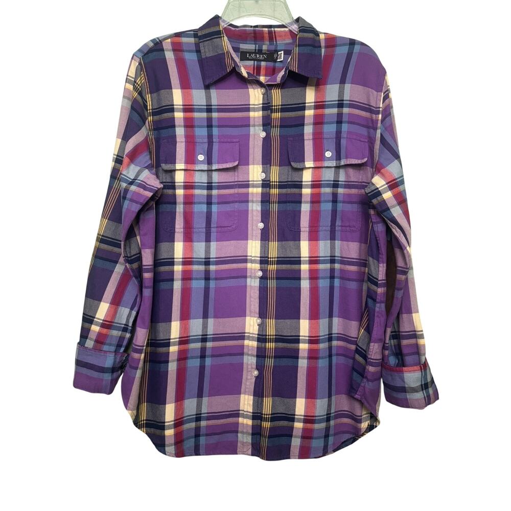 Lauren Ralph Lauren Plaid Suede Trim Cotton Twill Purple Shirt Women's Size L